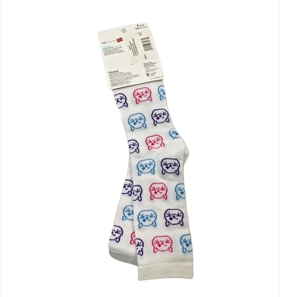 Hanes Cat Print Socks Novelty Pink Purple Blue Multicolor Womens Shoe Size 5-9